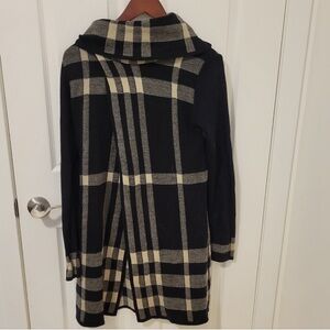 Plaid Black and Cream Open-Front Trench Cardigan